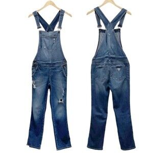 Vintage Guess Jeans Distressed Denim Overalls Medium Wash Straight Leg Size 26 2